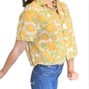ASOS Orange Citrus Button Up Shirt Medium Linen Blend Summer Tropical Top